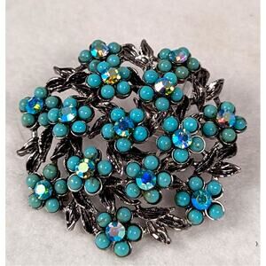 Vintage Mid Century Floral Wreath Brooch Faux Turquoise & AB Crystal Pin chicEUC